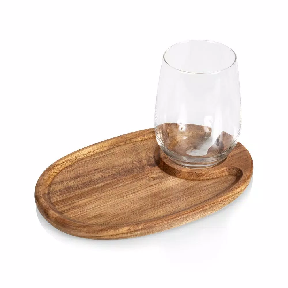 Picnic Time Acacia Wood Wine & Appetizer Plates with Glass Notch - Set of 4