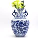 Unbranded Blue Garden White Lotus 2-Handle Porcelain Amphora Vase, Blue and White Floral Design thumbnail 3