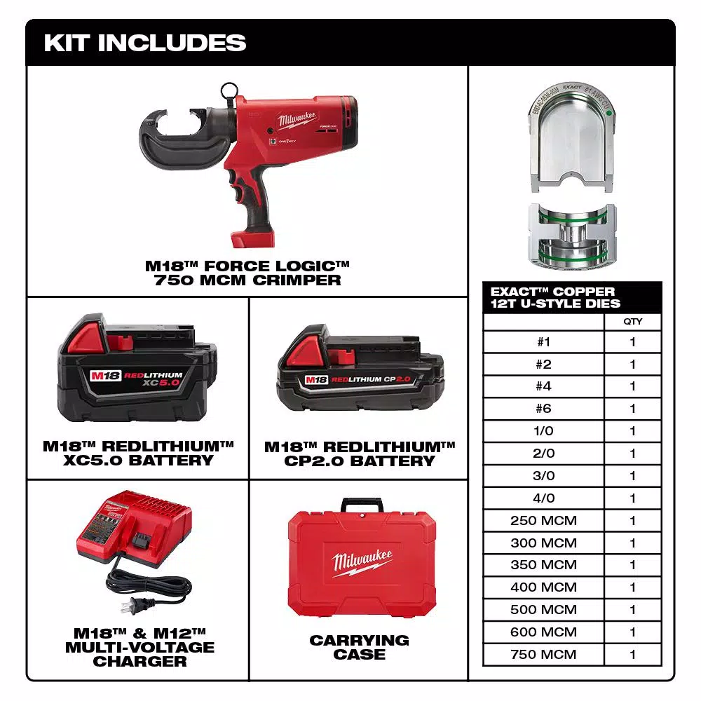 Milwaukee M18 FORCE LOGIC 750 MCM Crimper Kit with M18 FUEL Hammer Drill & Impact Driver Combo