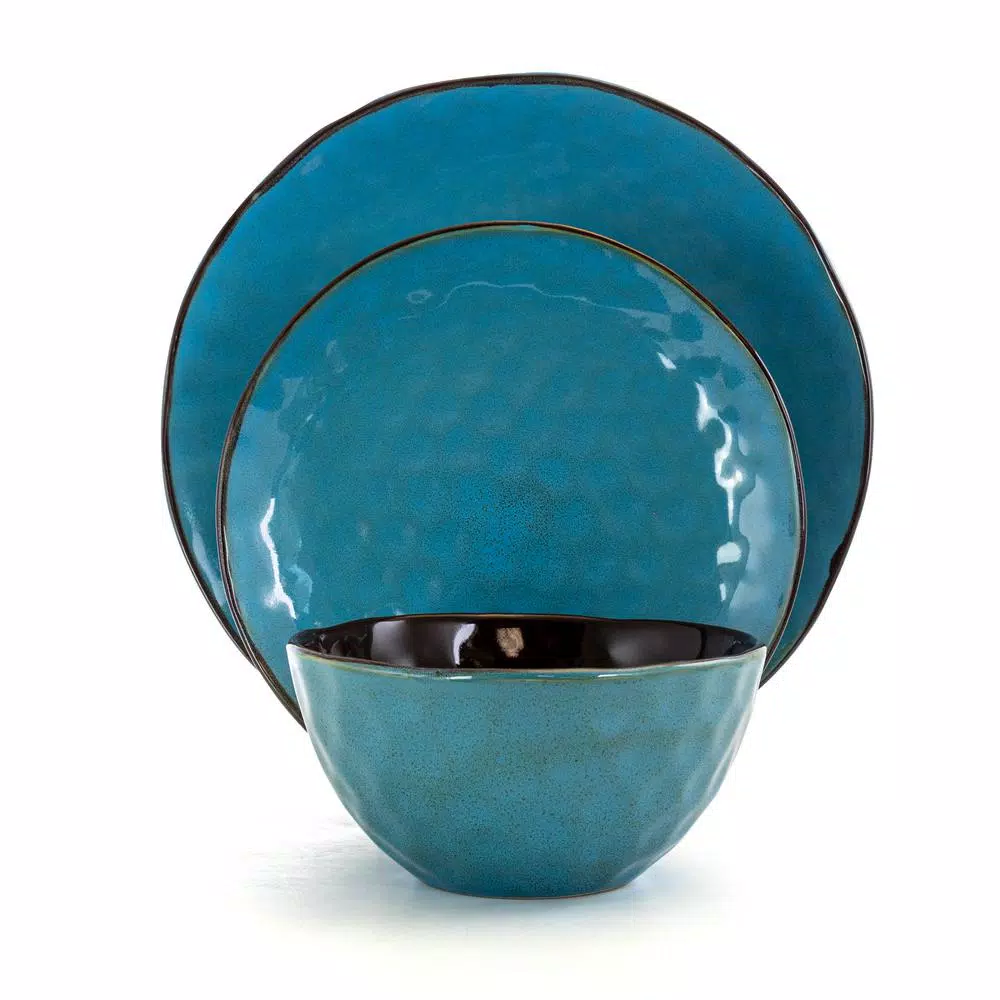 Elama Sea Glass 16-Piece Turquoise Stoneware Dinnerware Set, Service for 4
