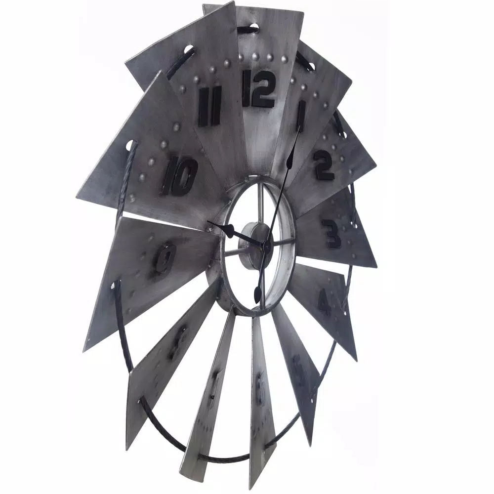 Pinnacle Rustic Galvanized Metal Windmill Wall Clock, 31-in Oversized Farmhouse Decor