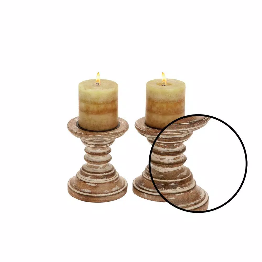 LITTON LANE 6 in. Mango Wood Tapered Candle Holders, Set of 2, Oak Brown & Beige