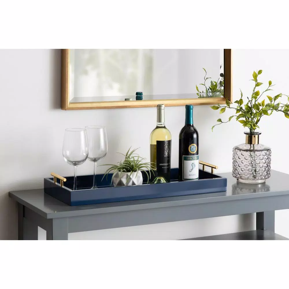 Kate and Laurel Lipton Navy Blue Decorative Rectangular Tray with Polished Metal Handles