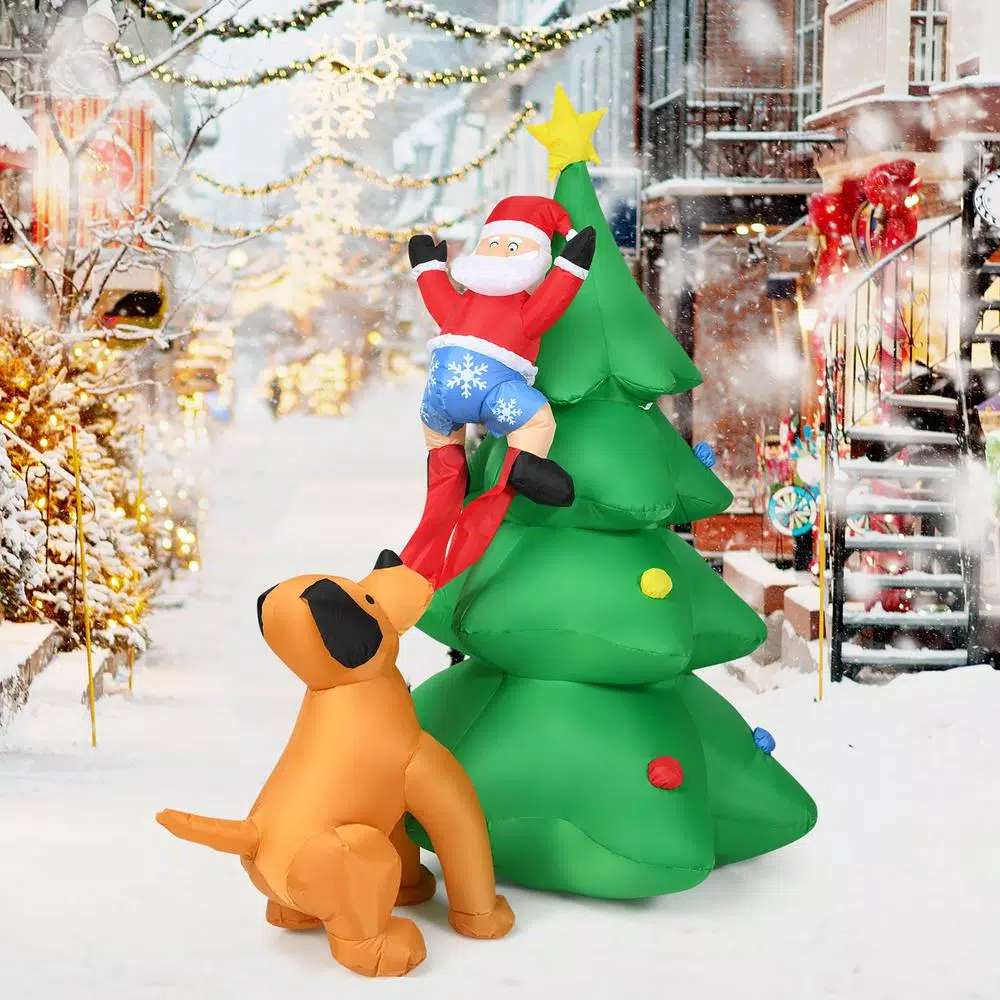 Costway 6.5 ft. Pre-lit LED Inflatable Christmas Tree with Santa and Dog Decorations