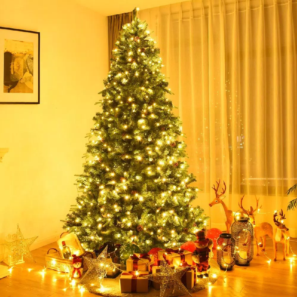 Costway 8 ft. Pre-Lit Artificial Christmas Tree with 600 Warm White LED Lights and 81 Pine Cones