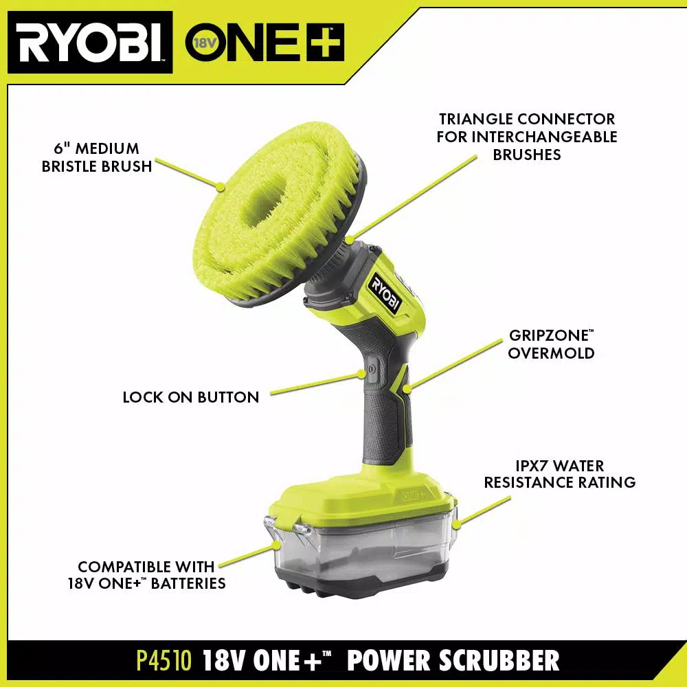 RYOBI 18V ONE+ Compact Power Scrubber Kit with 2.0 Ah Battery and Charger