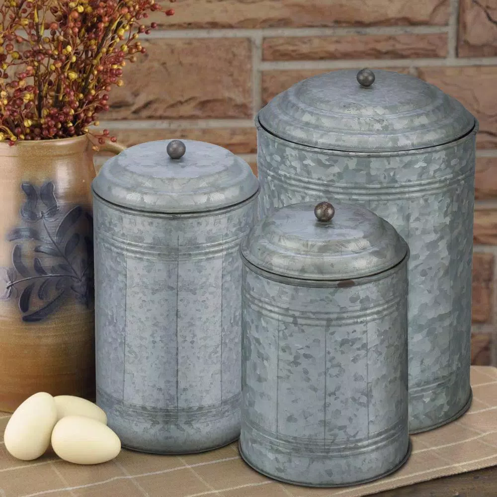 Benzara 3-Piece Rustic Galvanized Metal Kitchen Canisters Set - Distressed Gray Farmhouse Storage Jars
