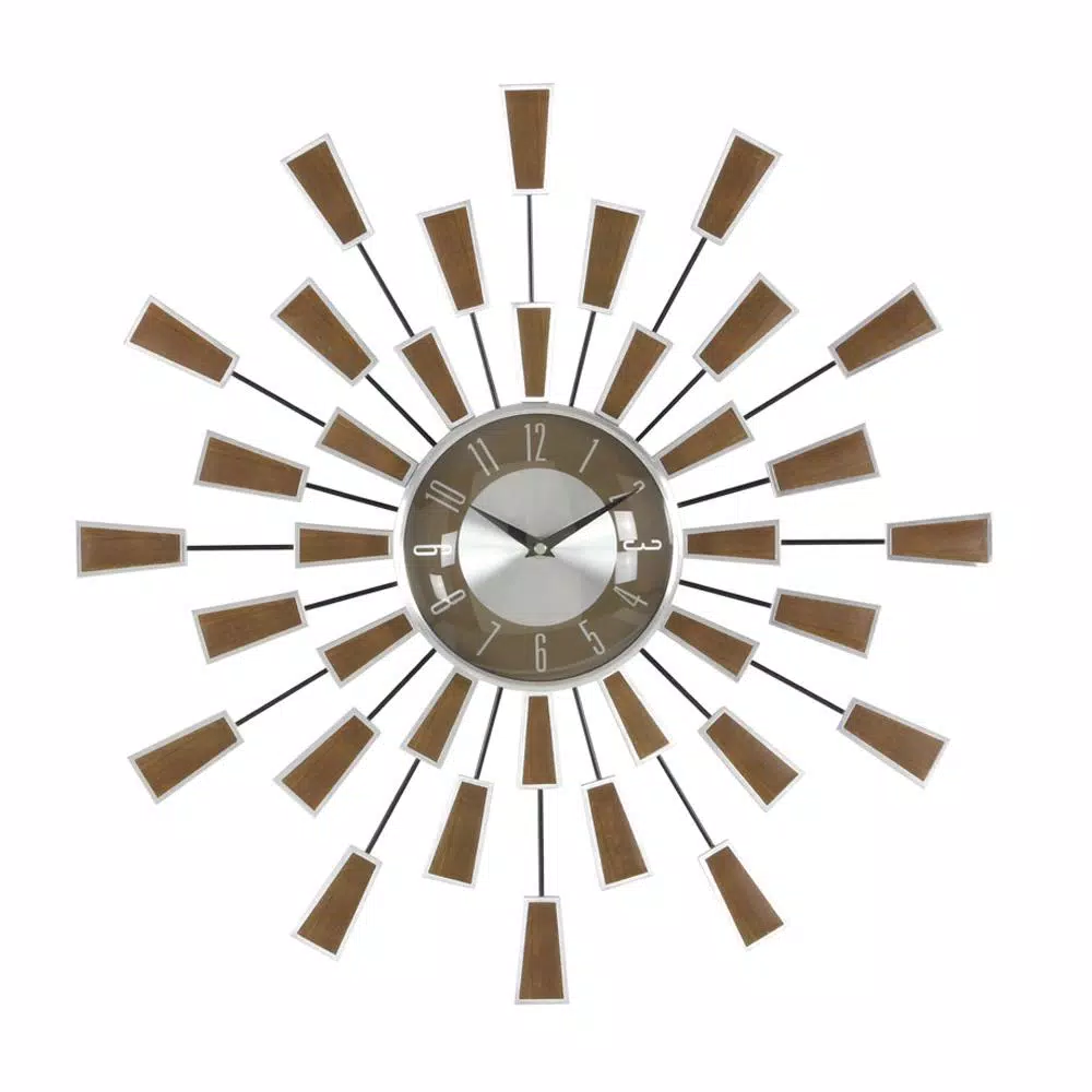 LITTON LANE 22 in. Modern Sunburst Round Wall Clock with Black Iron Rays and Brown Tips