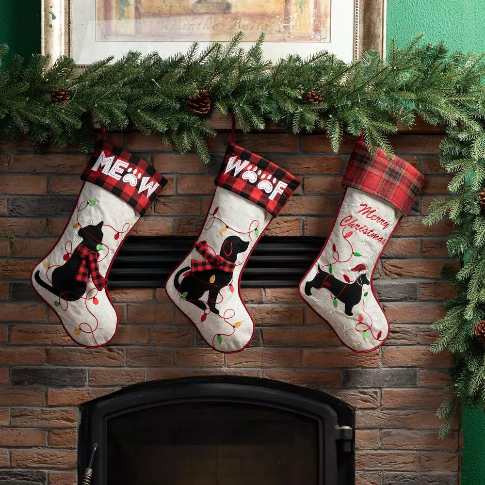 Glitzhome 21 in. Dachshund Fabric Christmas Stocking - White with Red Trim