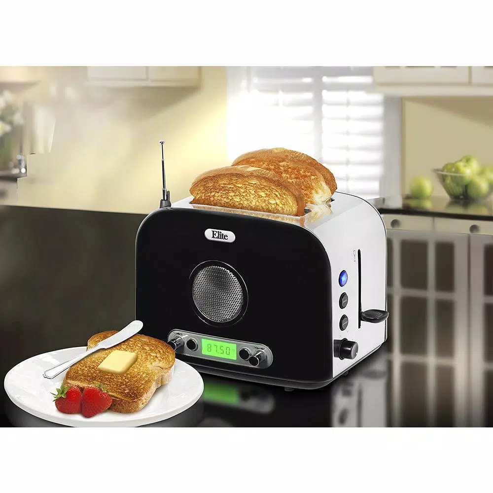 Elite Platinum Elite 2-Slice Black Wide Slot Toaster with Built-in AM/FM Radio and Digital Display