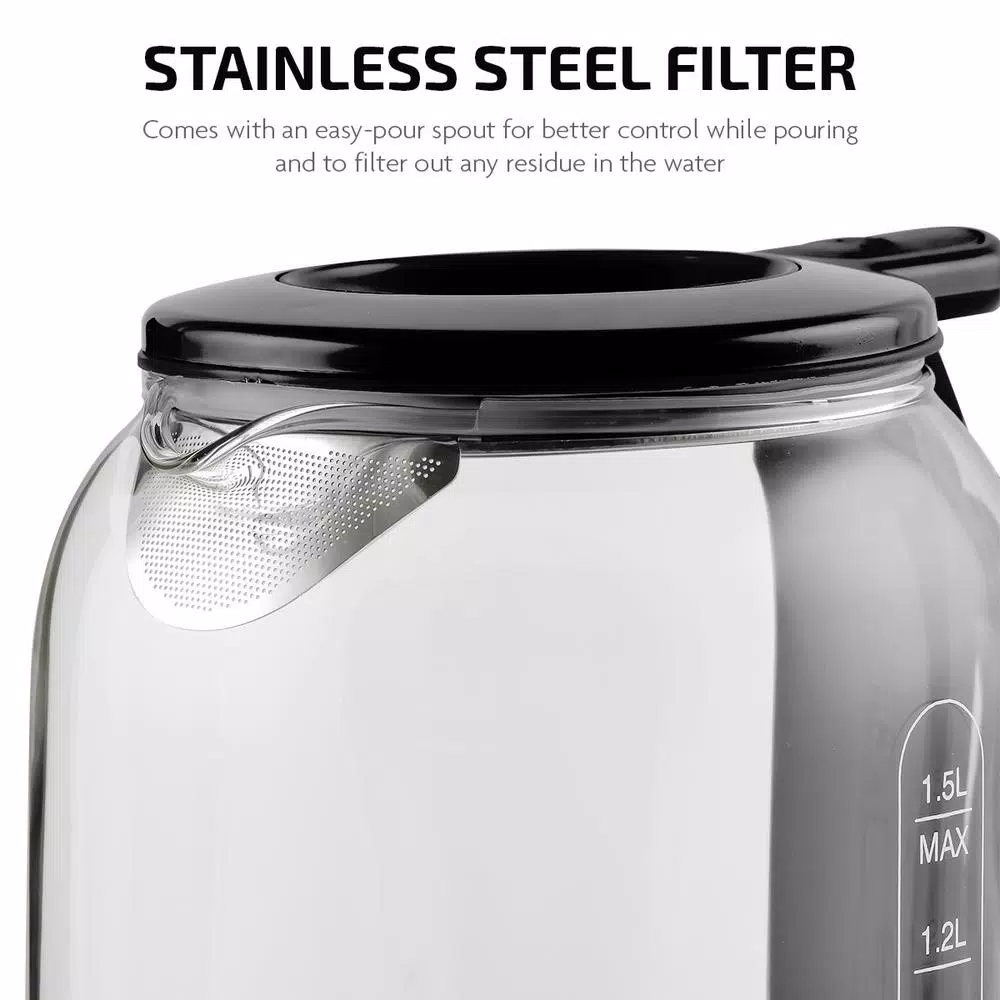 Ovente 1.5L Glass Electric Kettle with ProntoFill Technology, 1500W, Black