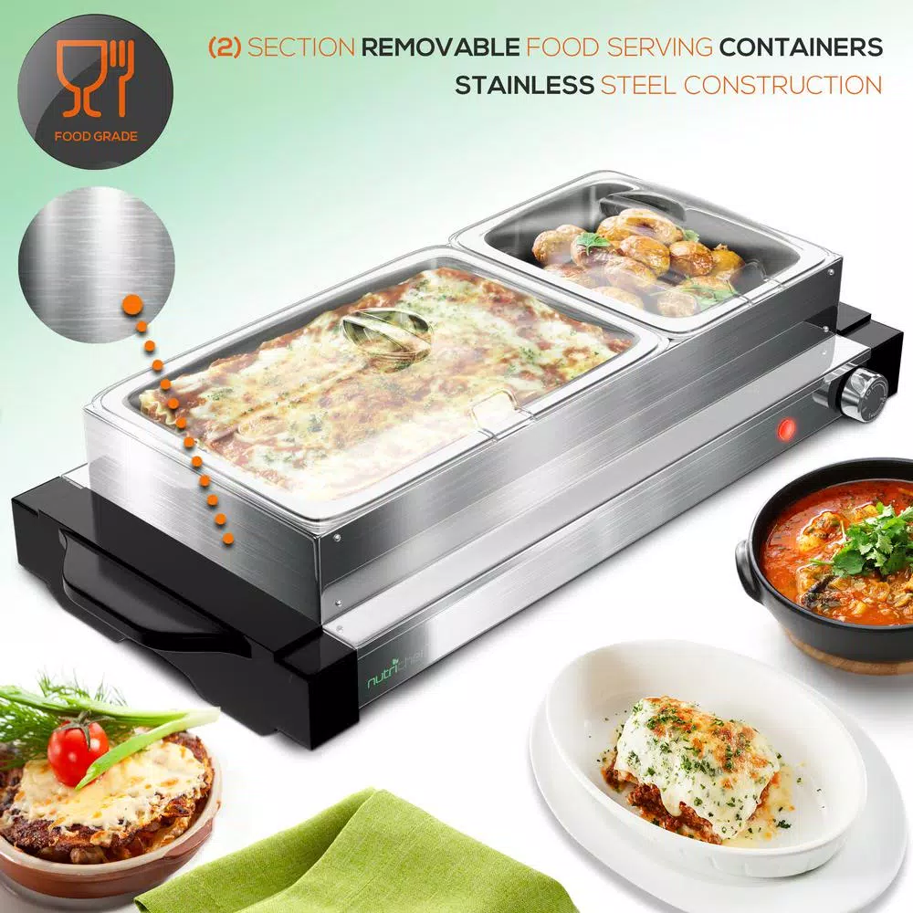 NutriChef 21.9 in. Stainless Steel Dual Plate Electric Food Warming Tray Buffet Server