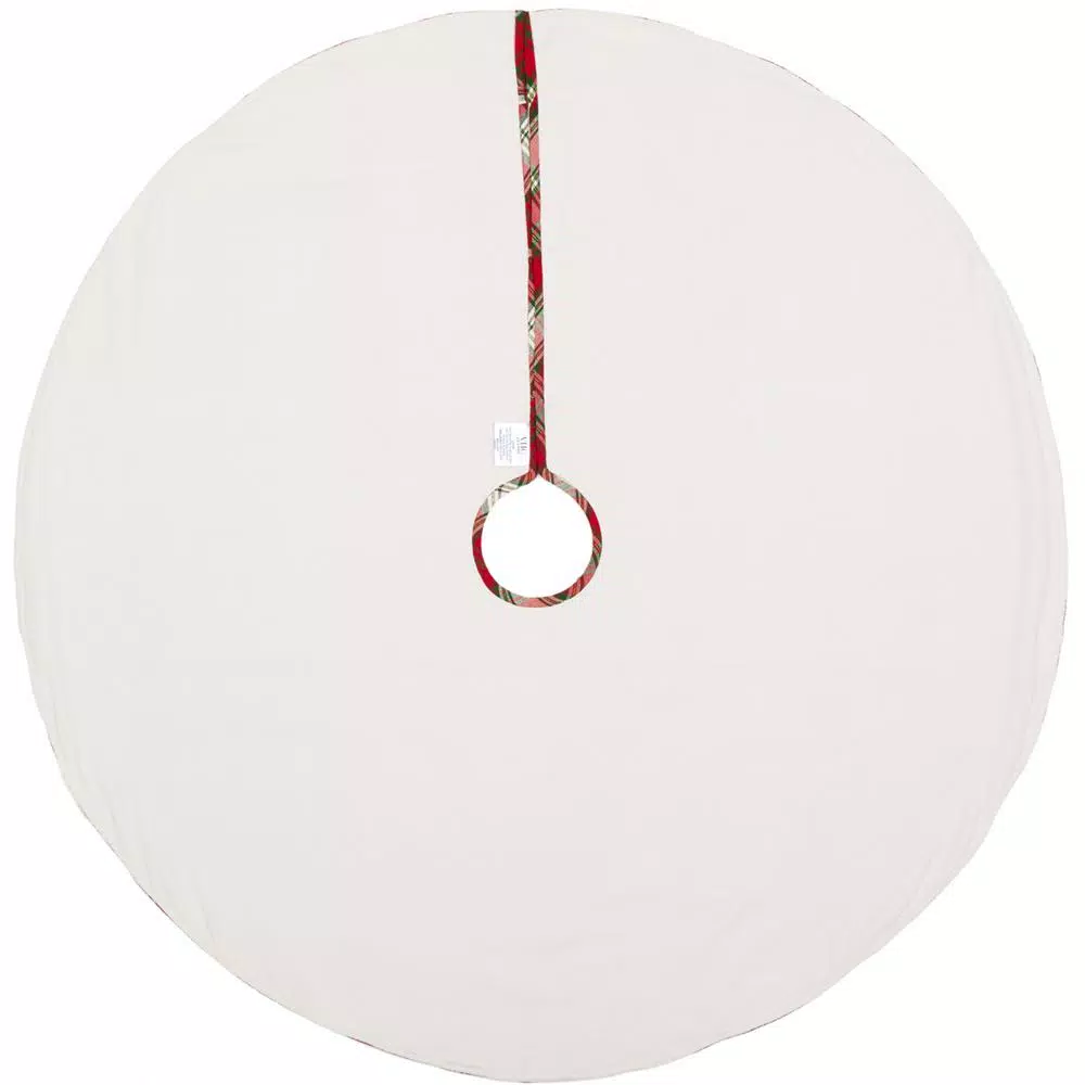 VHC Brands 48 in. Holiday Cherry Red Plaid Cotton Christmas Tree Skirt with Gold Embroidery