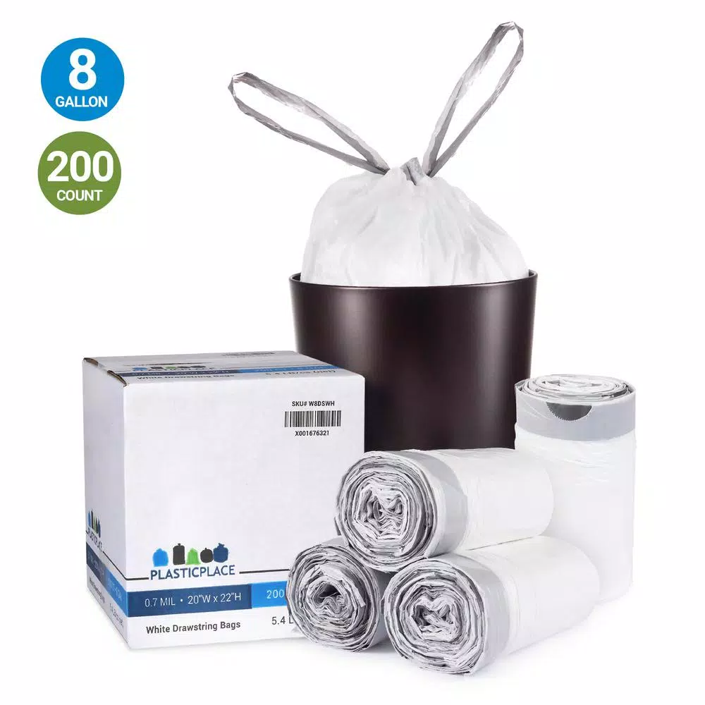Plasticplace White Low Density Drawstring Trash Bags, 20 in. x 22 in., 8 Gal., 0.7 mil, 200 Count Case