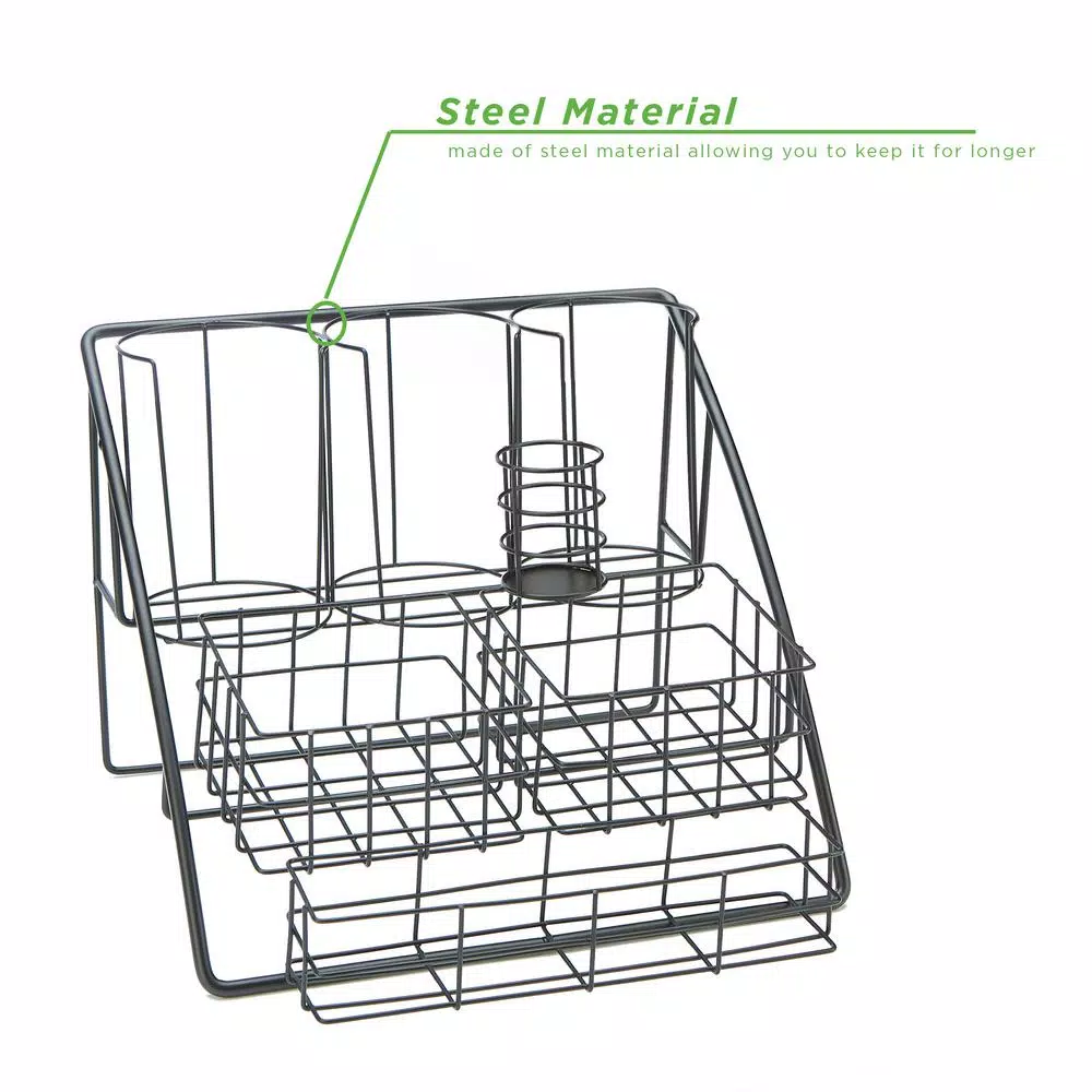 Mind Reader Black Steel Coffee Condiment Organizer - 8 Compartment Breakroom Caddy & Cup Lid Holder