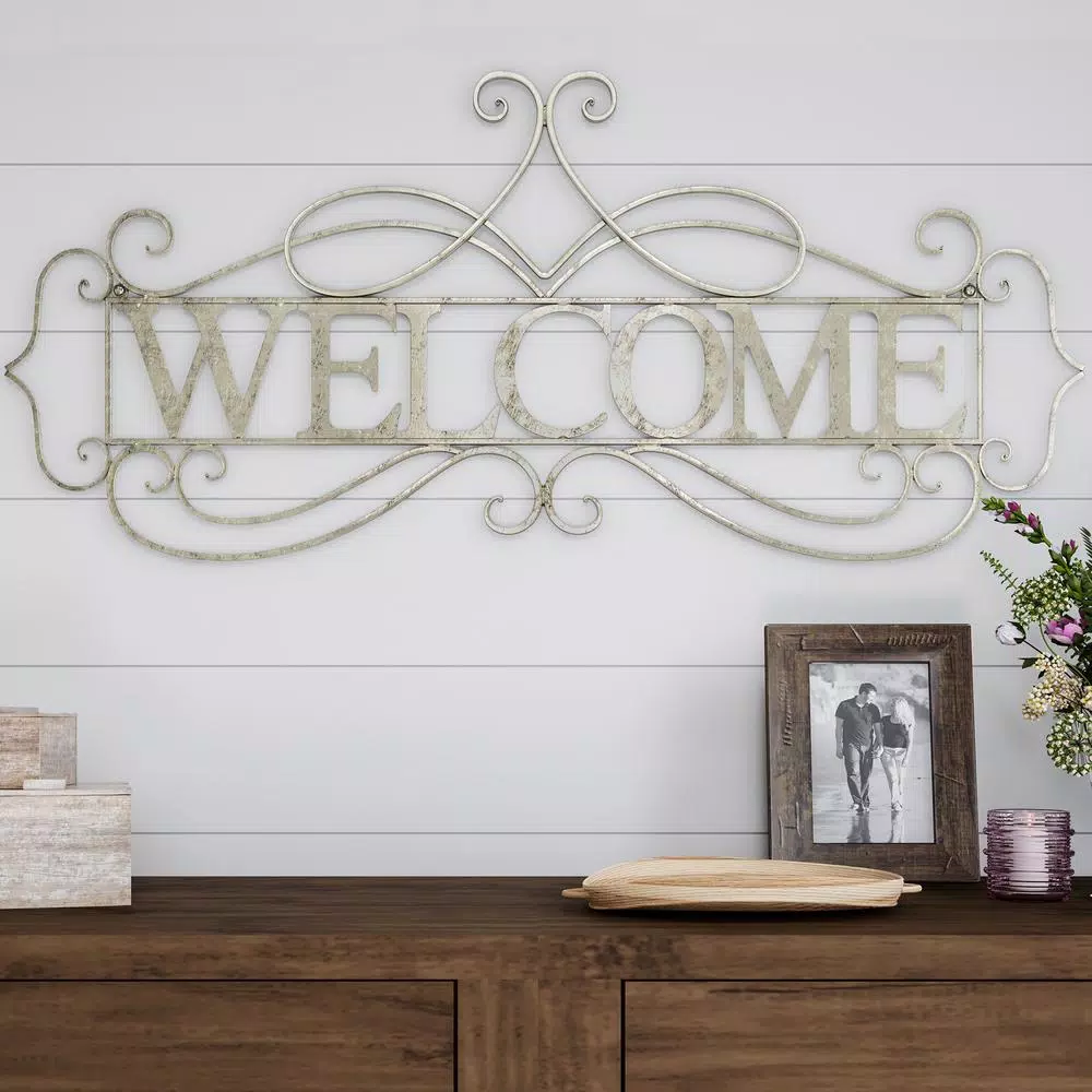 Lavish Home Welcome Decorative Rustic Metal Cutout Wall Sign, Distressed White