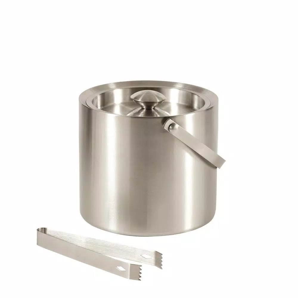 BEY-BERK Classic Stainless Steel 5 Qt. Double Wall Ice Bucket with Lid, Handle, and Ice Tongs