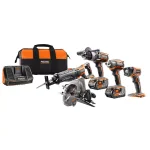RIDGID 18V Lithium-Ion Cordless 5-Tool Combo Kit with (2) 4.0 Ah Batteries and Contractor's Bag thumbnail 1
