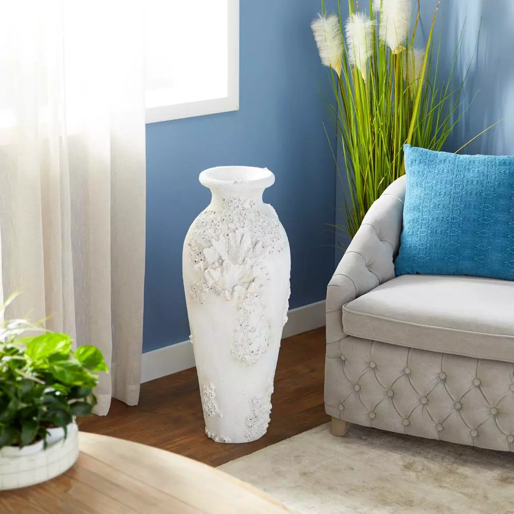 LITTON LANE Textural White Large Floor Vase with Sculptural Coral and Barnacle Nautical Decor