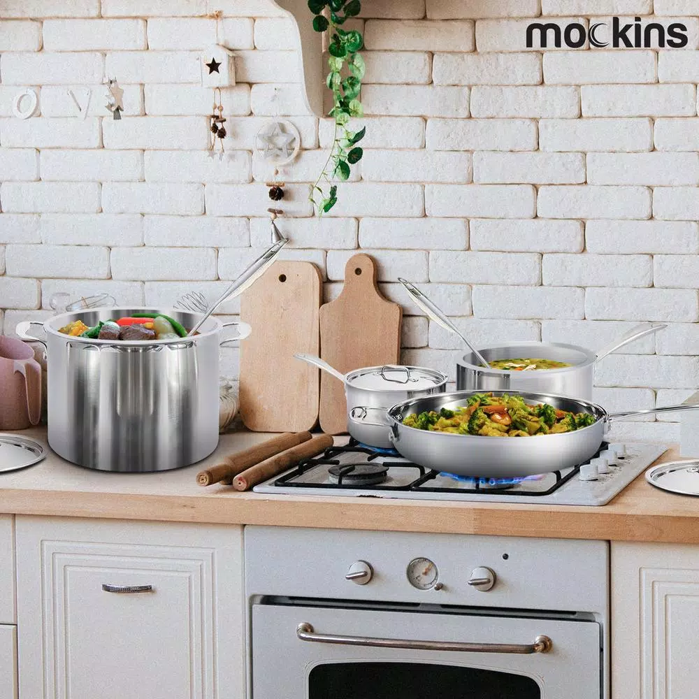 Mockins 10-Piece Tri-Ply Stainless Steel Cookware Set with Lids and Utensils