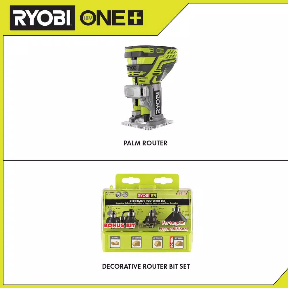 RYOBI 18V ONE+ Cordless Fixed Base Trim Router with 4-Piece Decorative Carbide Bit Set