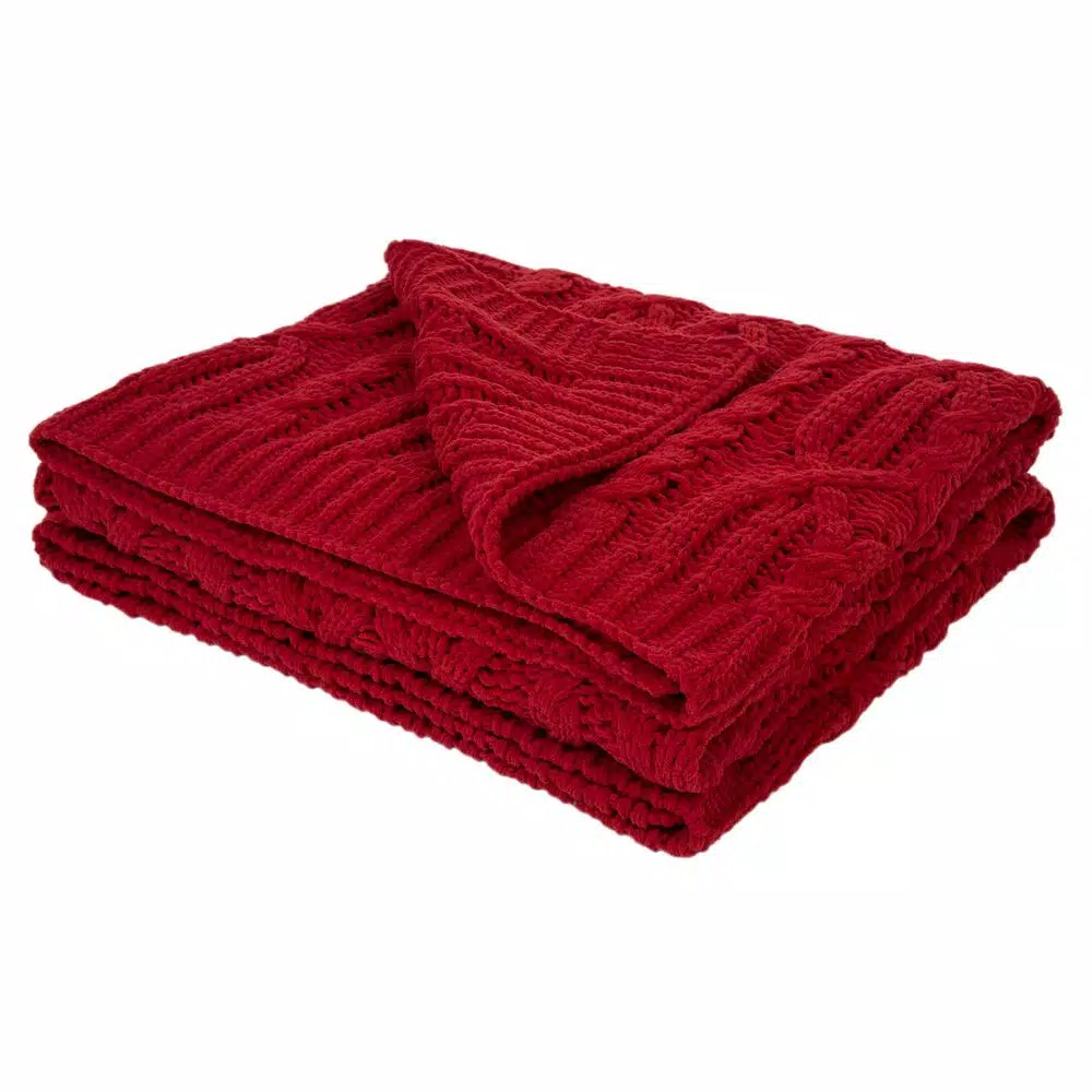 Glitzhome Red Chenille Knitted Throw Blanket, 60 x 50 in, 865 GSM Heavyweight Polyester
