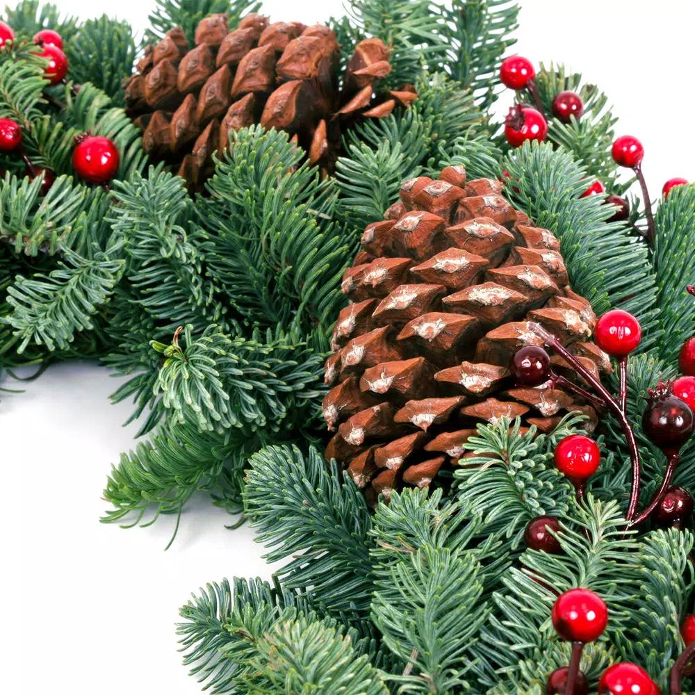 VAN ZYVERDEN 24 in. Live Fresh Cut Pacific Northwest Noble Fir Christmas Wreath with Berries and Pinecones