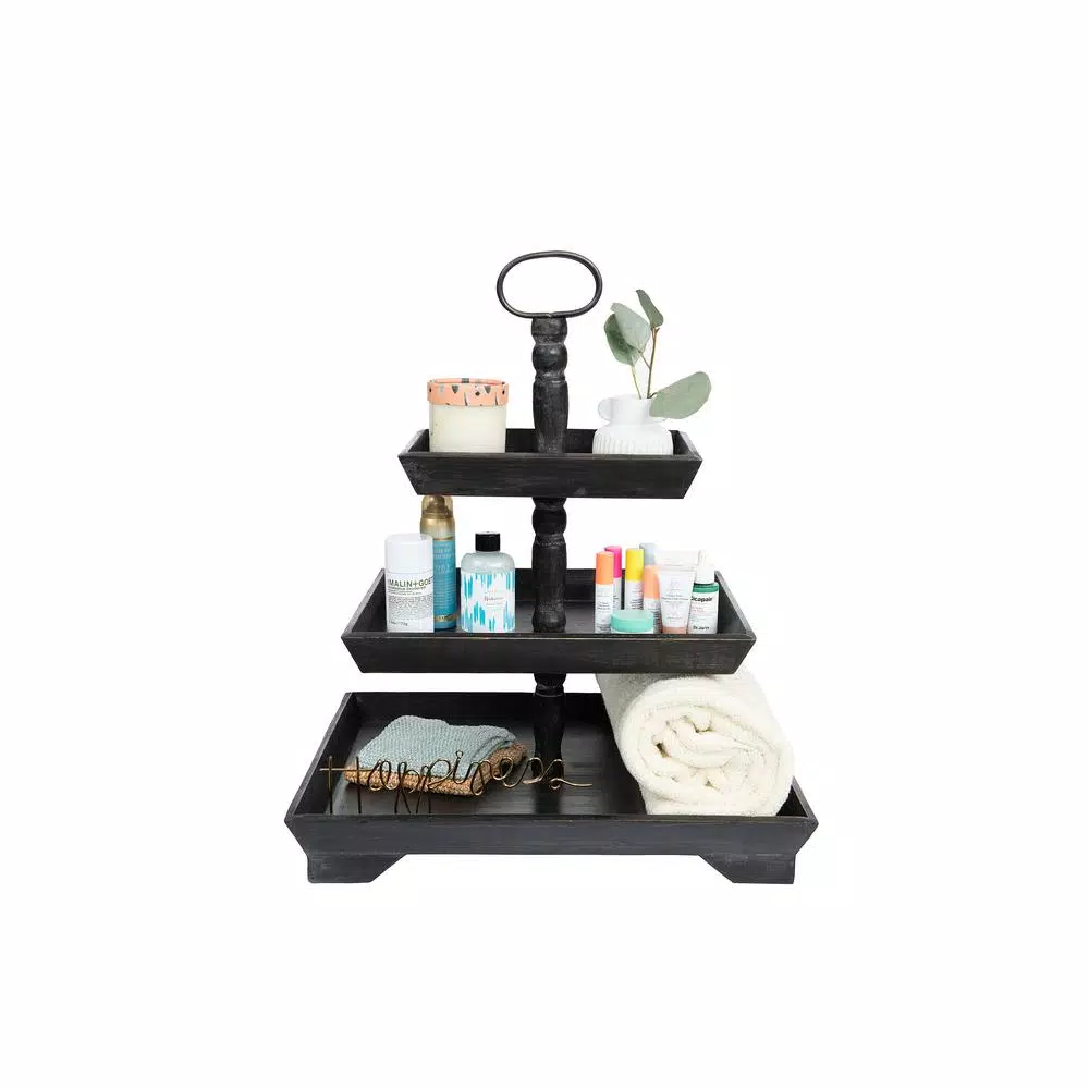 3R Studios Black Wood Three Tier Decorative Tray with Handles