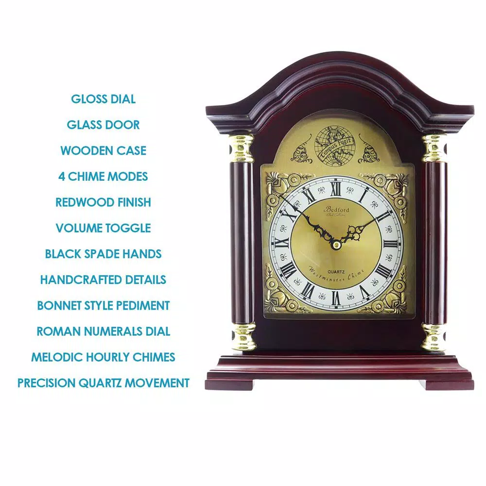 Bedford Clock Collection Redwood Mantel Clock with Chimes, Classic Wood Case with Quartz Movement