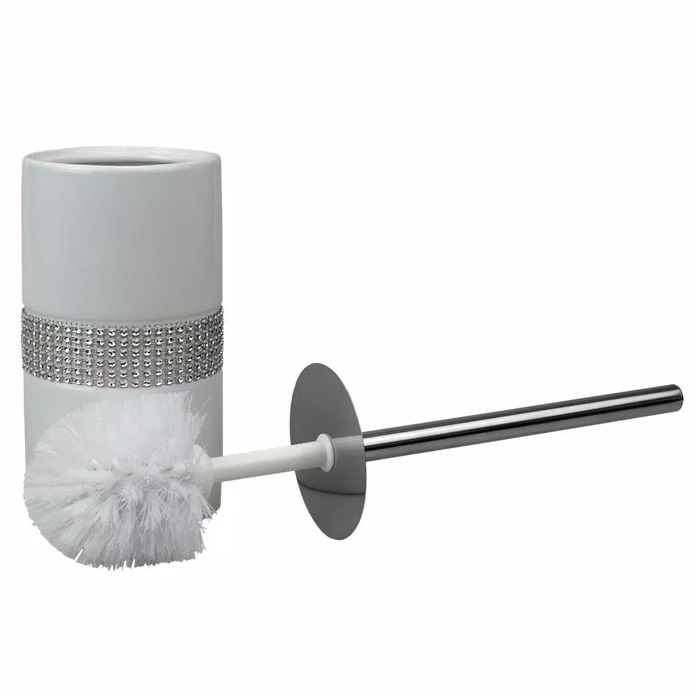 Unbranded White Ceramic Toilet Brush Holder with Sequin Accents and Stainless Steel Handle
