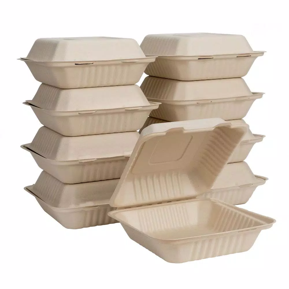 Unbranded 8 in. Natural Sugarcane Clamshell Containers, Biodegradable & Compostable (300 Pack)