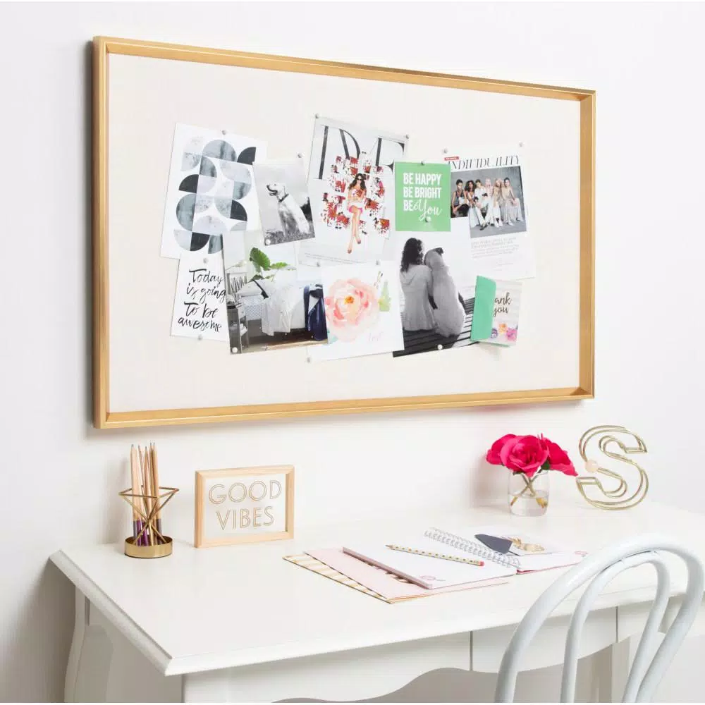 Kate and Laurel Calter Gold Framed Linen Fabric Pinboard Memo Board, White