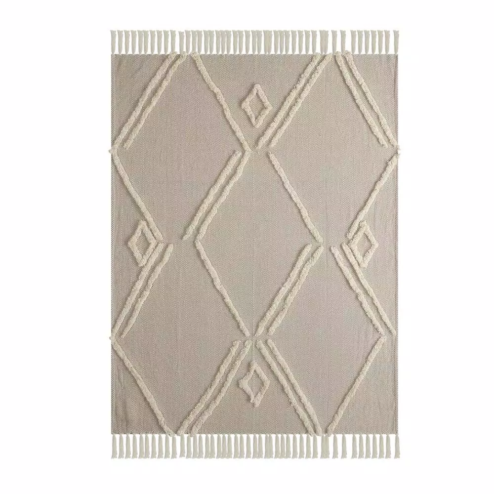 LR Home Fringe Tufted Geometric Cotton Throw Blanket - Beige/Cream