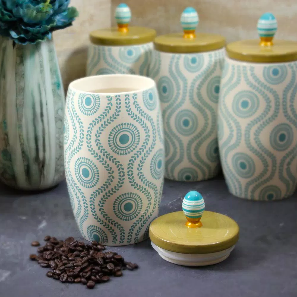 Urban Market Life On the Farm 4-Piece Durastone Kitchen Canister Set with Lids, Blue Abstract Design