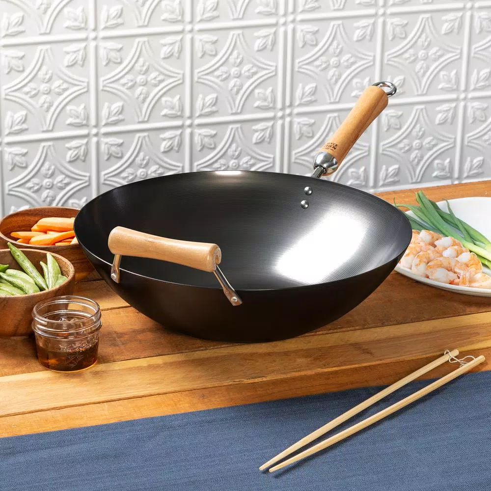 Honey-Can-Do Joyce Chen 14 in. Carbon Steel Non-Stick Wok with Birchwood Handle