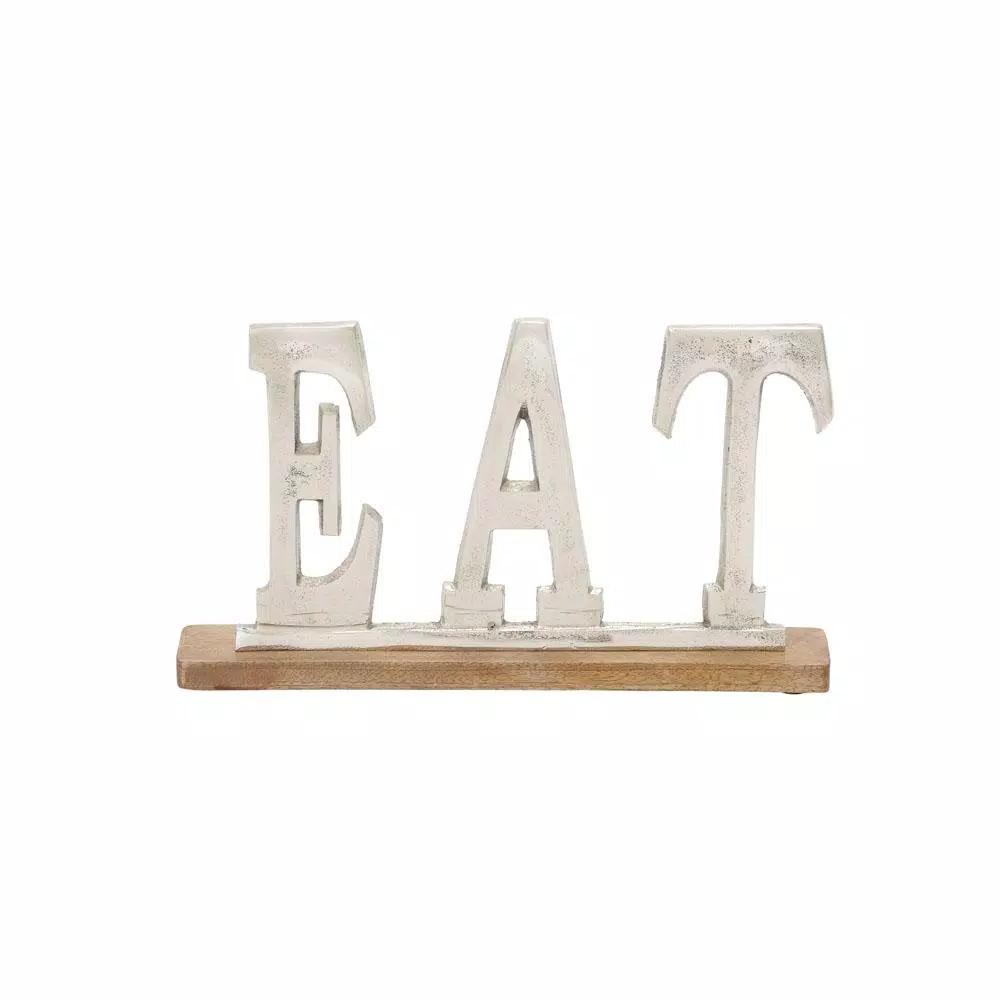 LITTON LANE 14 in. Silver Aluminum and Oak Brown Mango Wood EAT Standing Sign