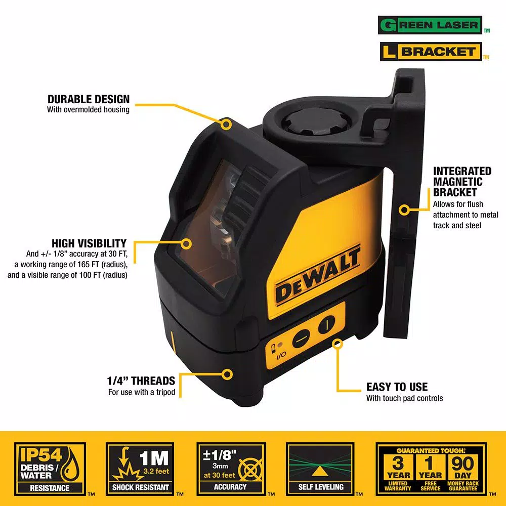 DEWALT Green Self-Leveling Cross Line Laser Level with Case, 75 ft. Range