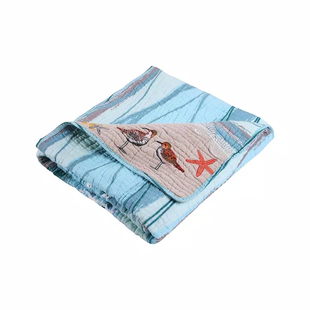 Greenland Home Fashions Maui Multicolored Quilted Cotton Throw, Coastal Beach and Nautical Reversible Design