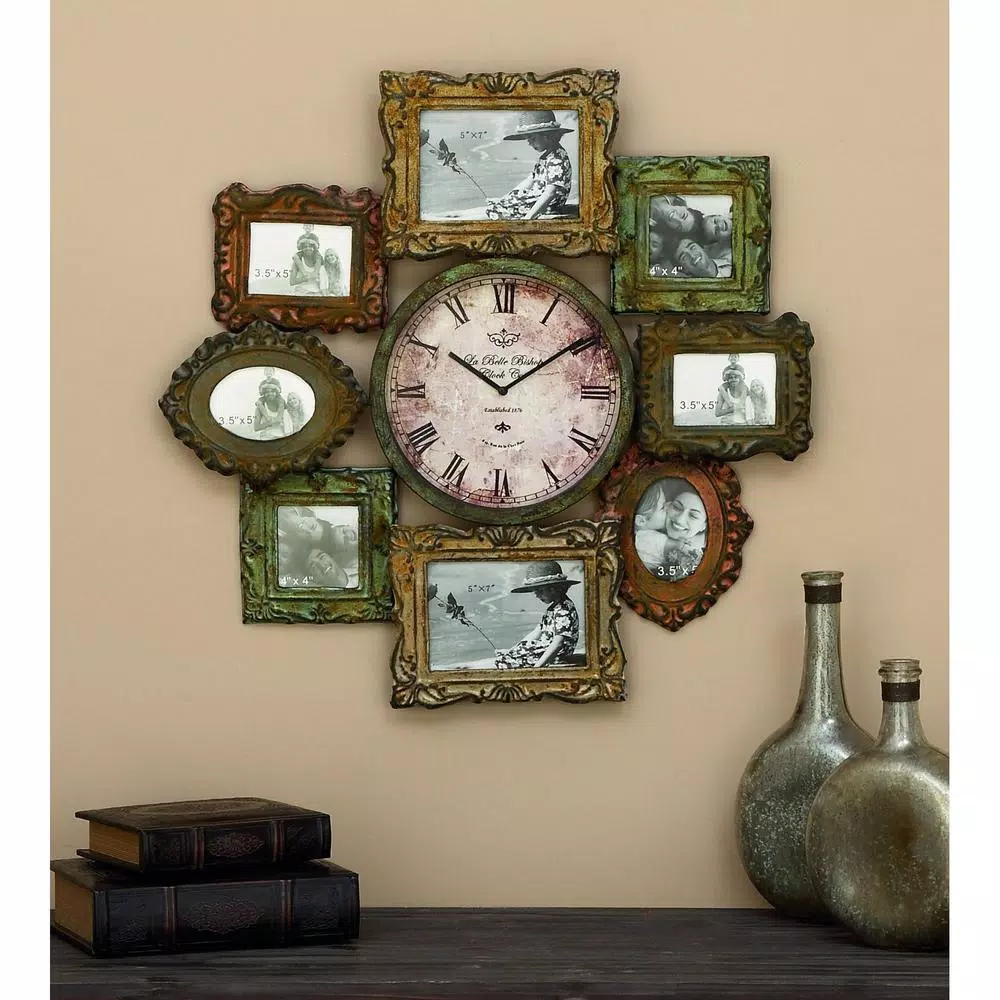LITTON LANE 25 in. Metal Victorian Photo Frame Montage and Wall Clock with 8 Frames