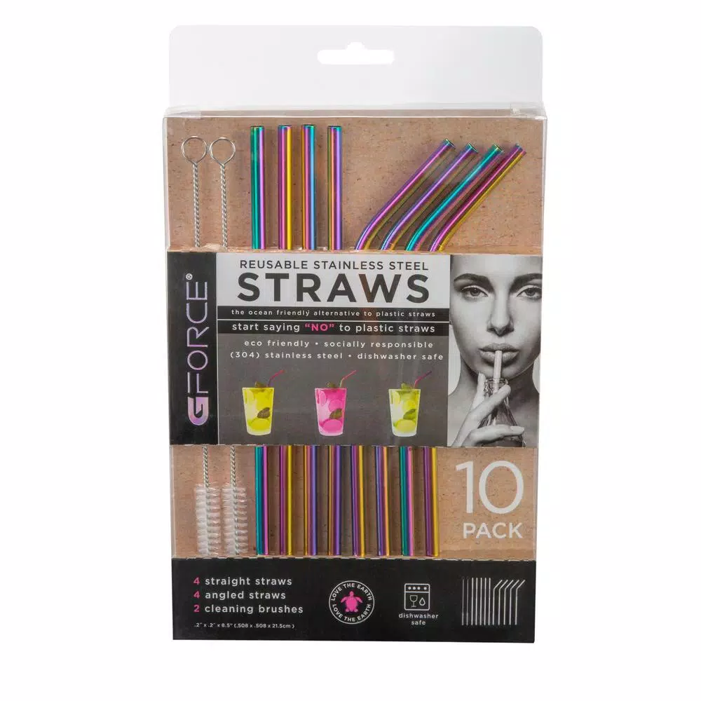 Unbranded Gforce Rainbow Stainless Steel Reusable Straw Set, 10-Pack with Cleaning Brushes