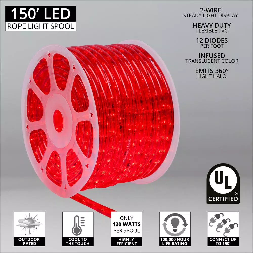 Wintergreen Lighting 150 ft. Red LED Rope Light Kit, Dimmable & Weather Resistant