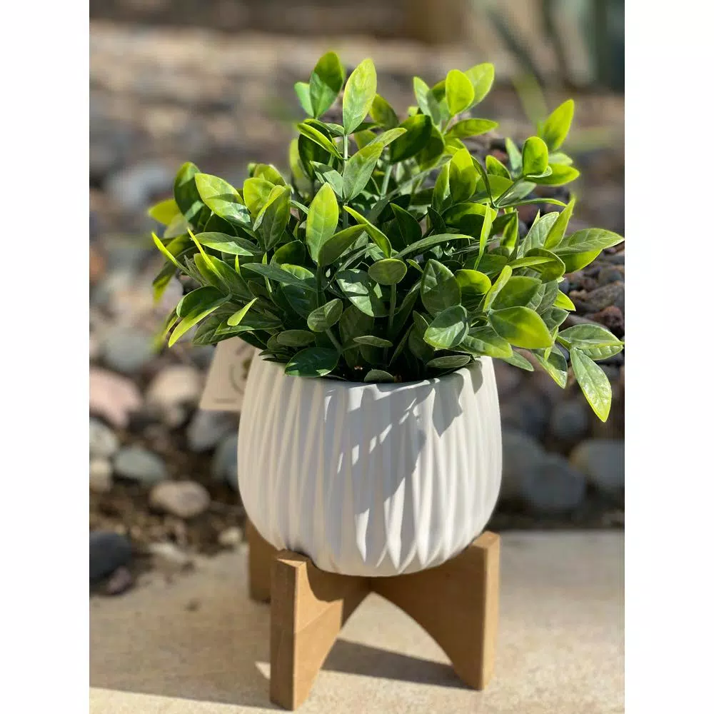 Flora Bunda 10.75 in. Faux Tea Leaf Plant in White Ridge Pattern Ceramic Planter with Wood Stand