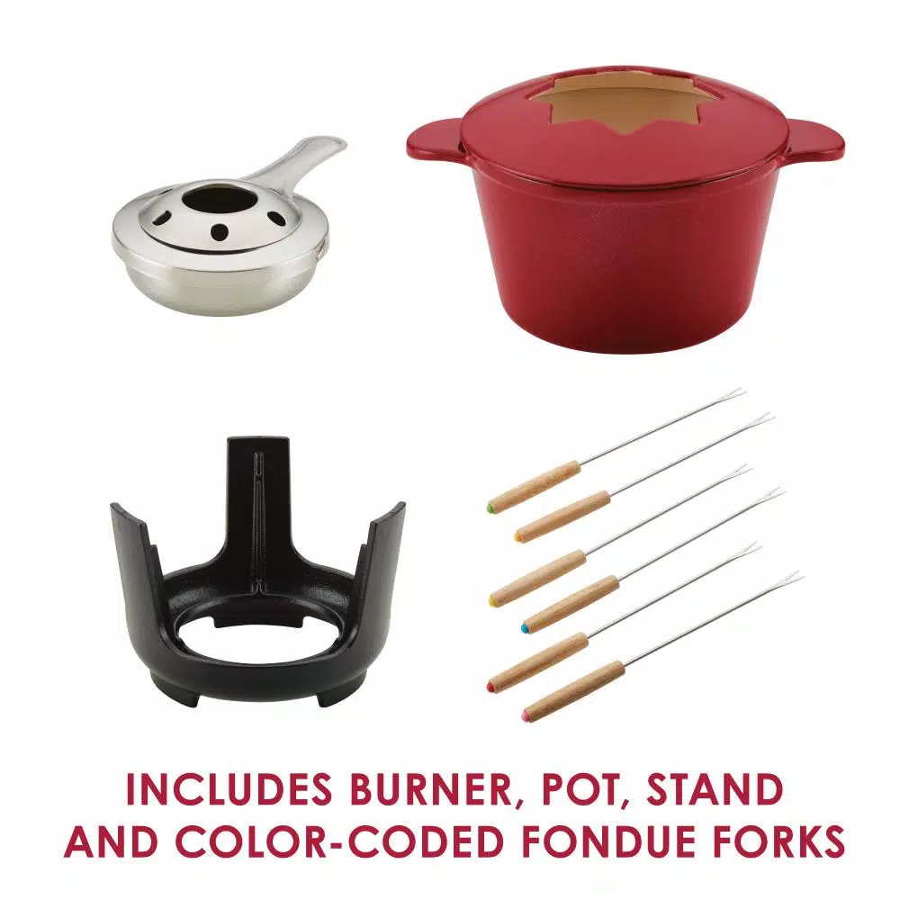 Rachael Ray 1.5-Quart Cast Iron Fondue Pot Set with Red Shimmer Enamel Finish