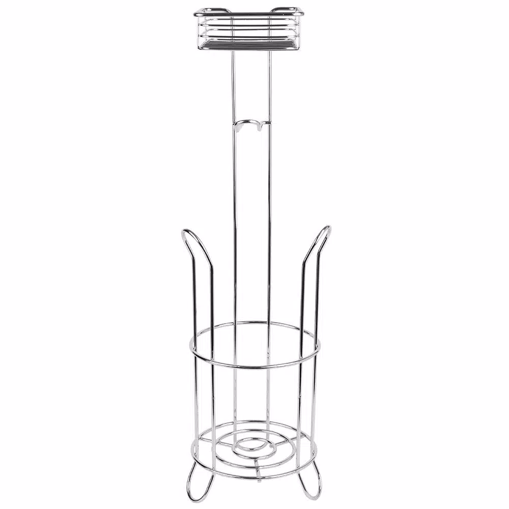 Home Basics Chrome Free-Standing Toilet Paper Holder with Built-In Accessory Tray and Storage Base