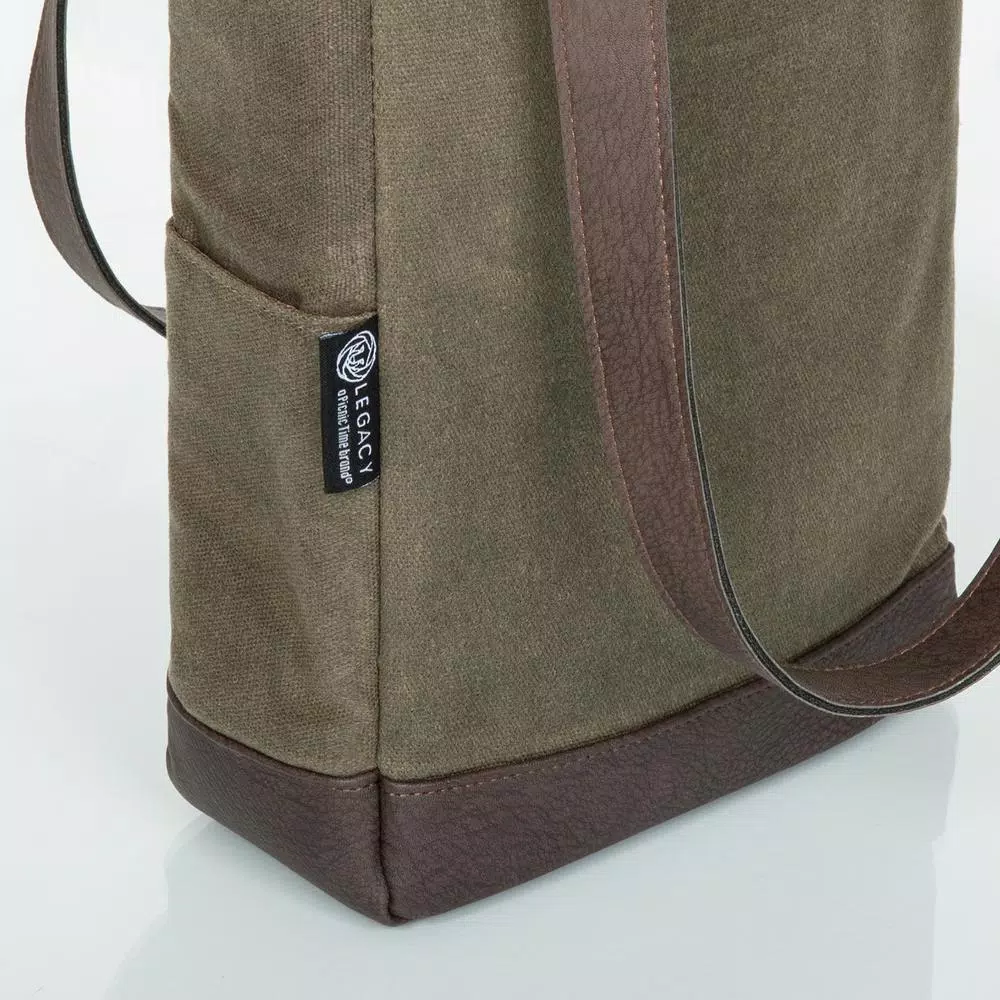 Picnic Time Khaki Green Waxed Canvas 2-Bottle Insulated Wine and Cheese Tote Bag
