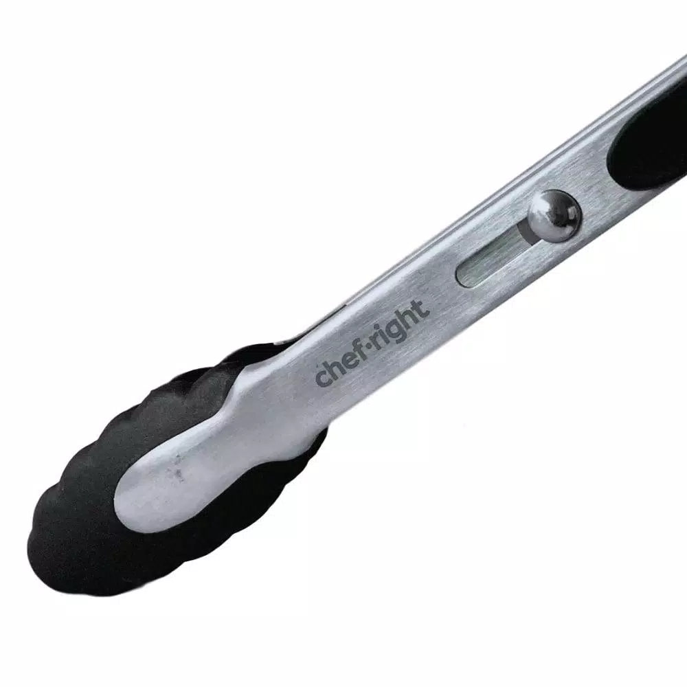 Chefright 10 in. Brushed Stainless Steel Magnetic Locking Tongs with Soft Rubber Grips, Set of 3