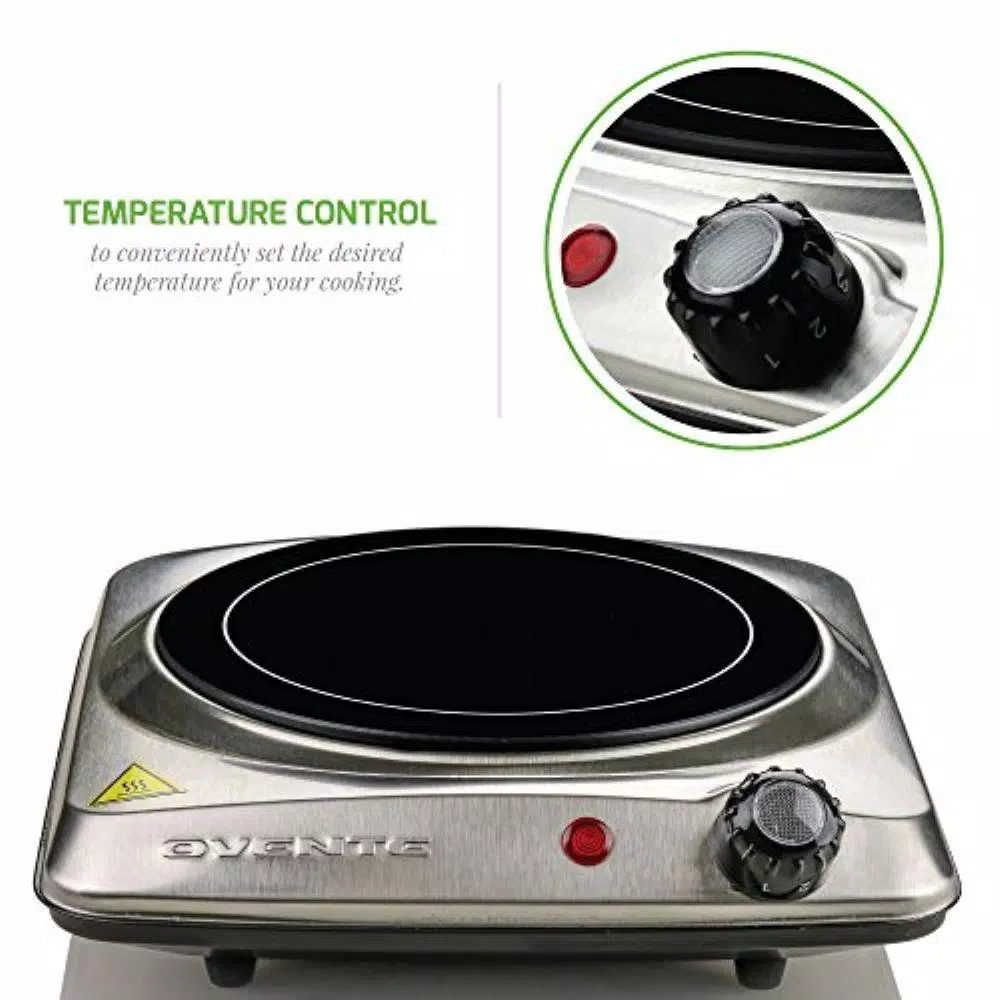Ovente 1000W Single Hot Plate Electric Infrared Glass Cooktop Burner, 7 in., Silver