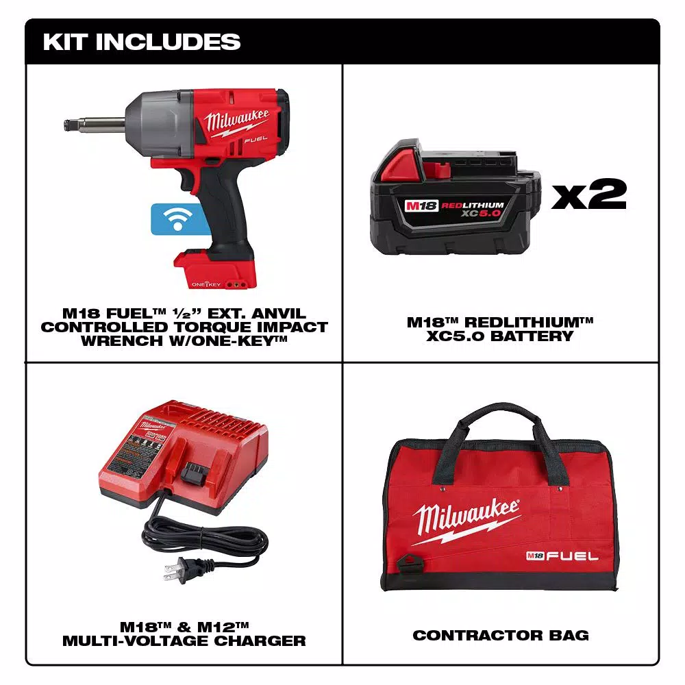 Milwaukee M18 FUEL 1/2 in. Impact Wrench with ONE-KEY, Extended Anvil Kit with 2 Batteries