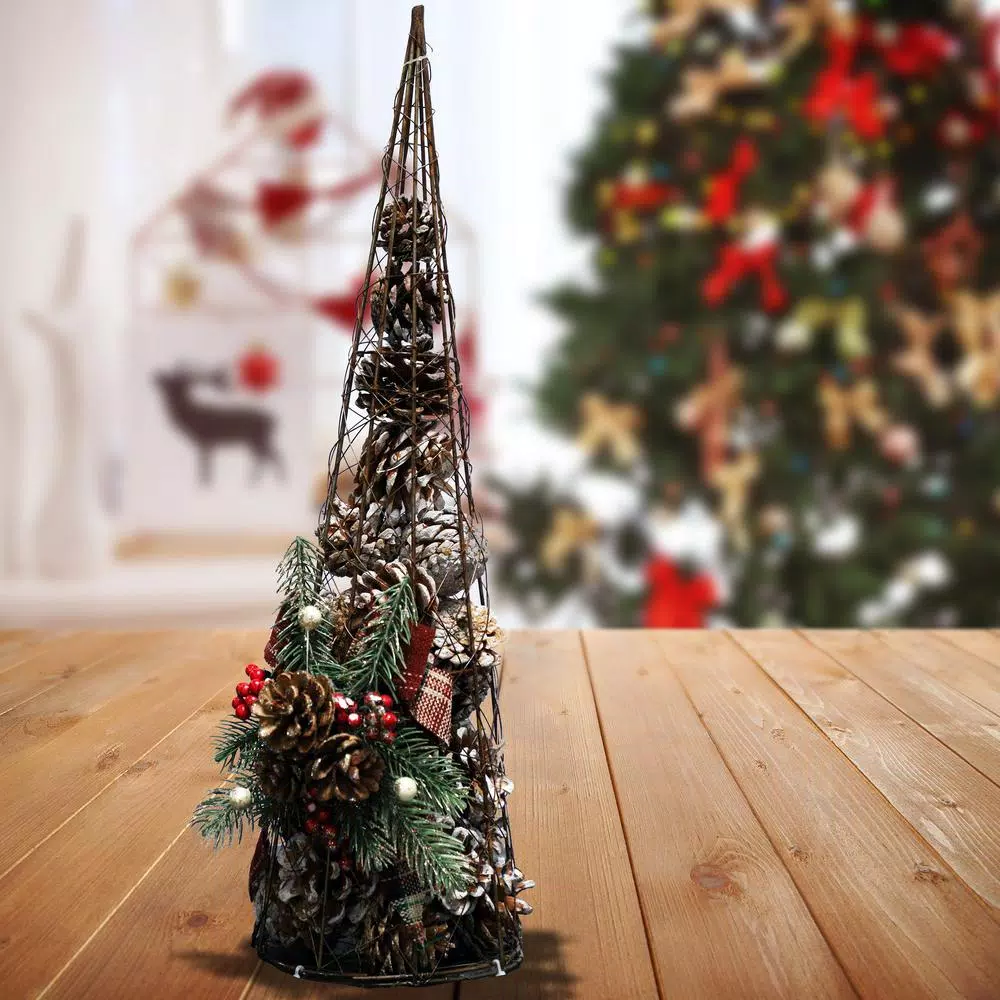 Alpine Corporation 20 in. Rustic Pinecone Christmas Tree Decor with Holly and Plaid Bow
