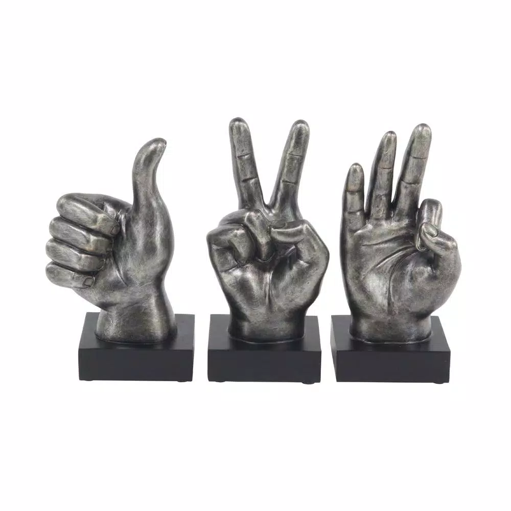 LITTON LANE Modern Reflections Hand Sign Polystone Sculpture Set, Silver Distressed Finish (Set of 3)